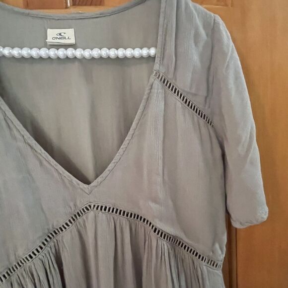 O'Neill Nala Dress XS Woven Mini Sage Green Flowy Boho Ladder Lace Lined Vneck - Picture 3 of 8